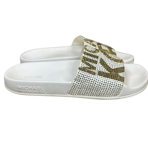MICHAEL KORS Womens White And Gold Rhinestone Gilmore Slip On Sandals Slides 8M - Picture 4 of 10